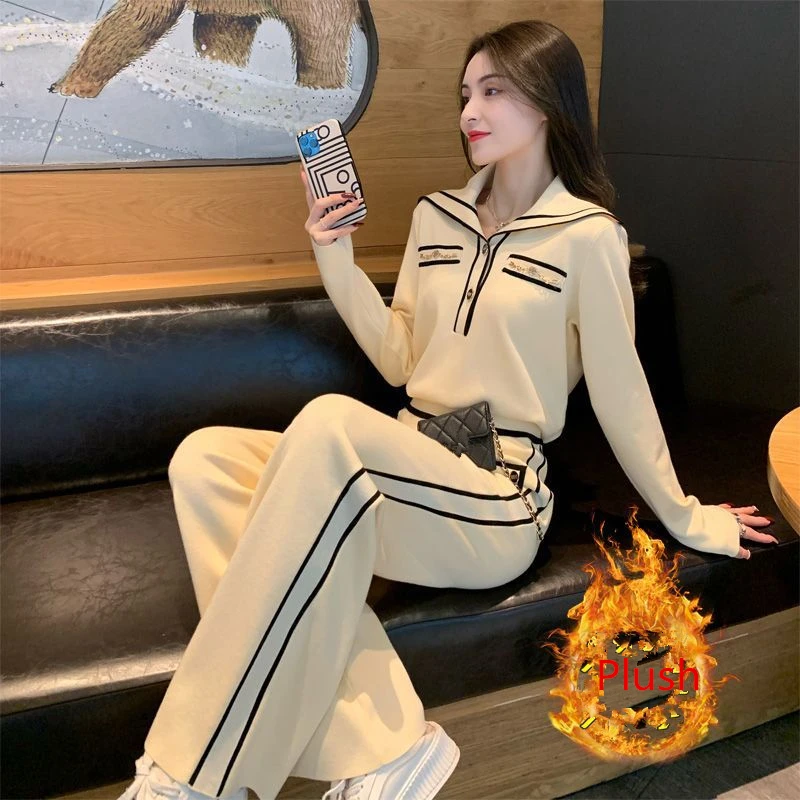 Women's Autumn Winter Warm Plush Sweater Wide Leg Pants Two Piece Set Lady Knitted Tops Trousers Outfits New Knitwear Female