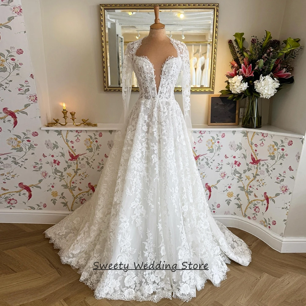 

Exquisite Lace Wedding Dress Customized Deep V Neck Long Sleeves Illusion Applique Pearls Sweep Train Woman Bridal Gown