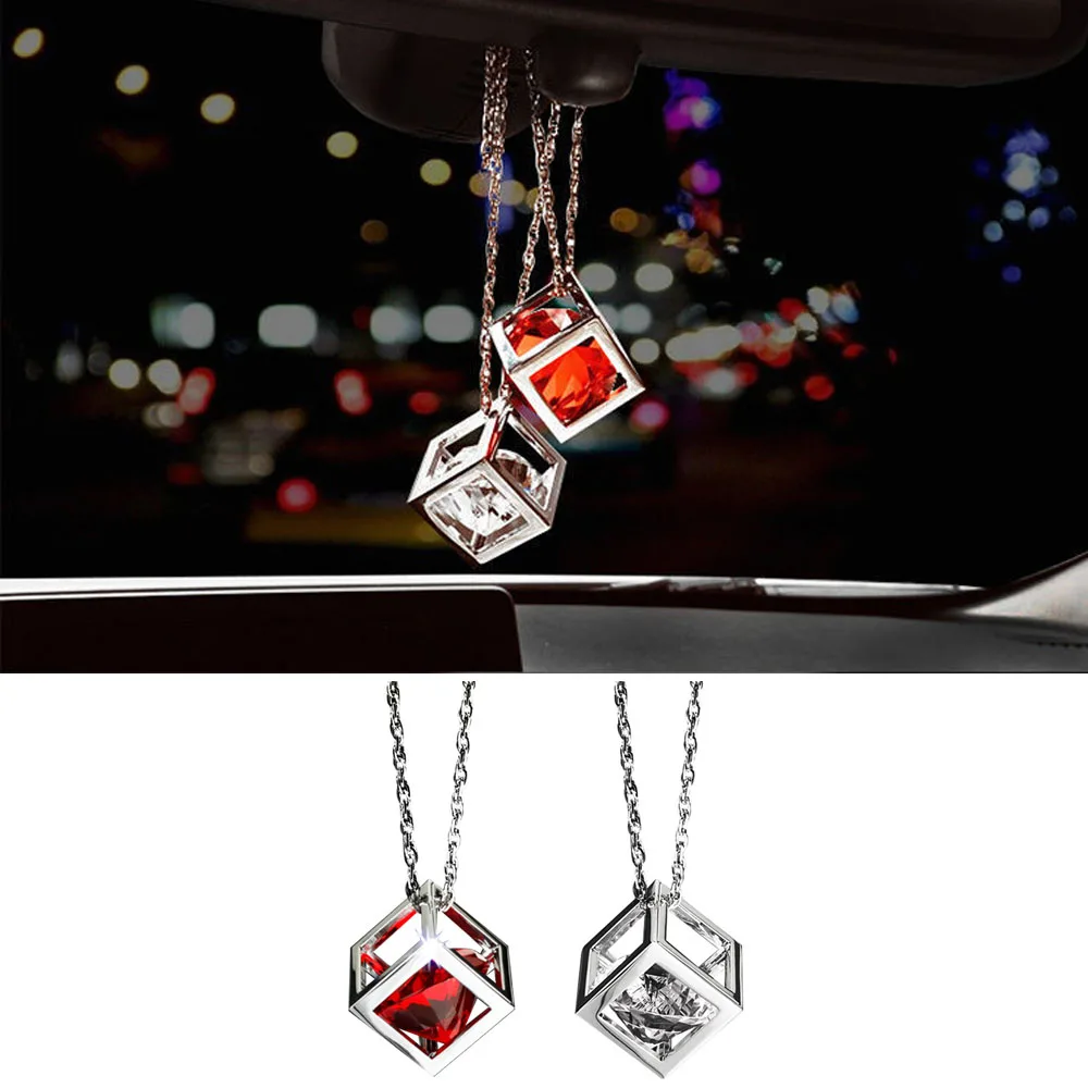 1pcs Diamond Cube Crystal Car Pendant Car Rear View Mirror Charm Red Silver/ Blue Silver/ White Silver Auto Interior Decoration