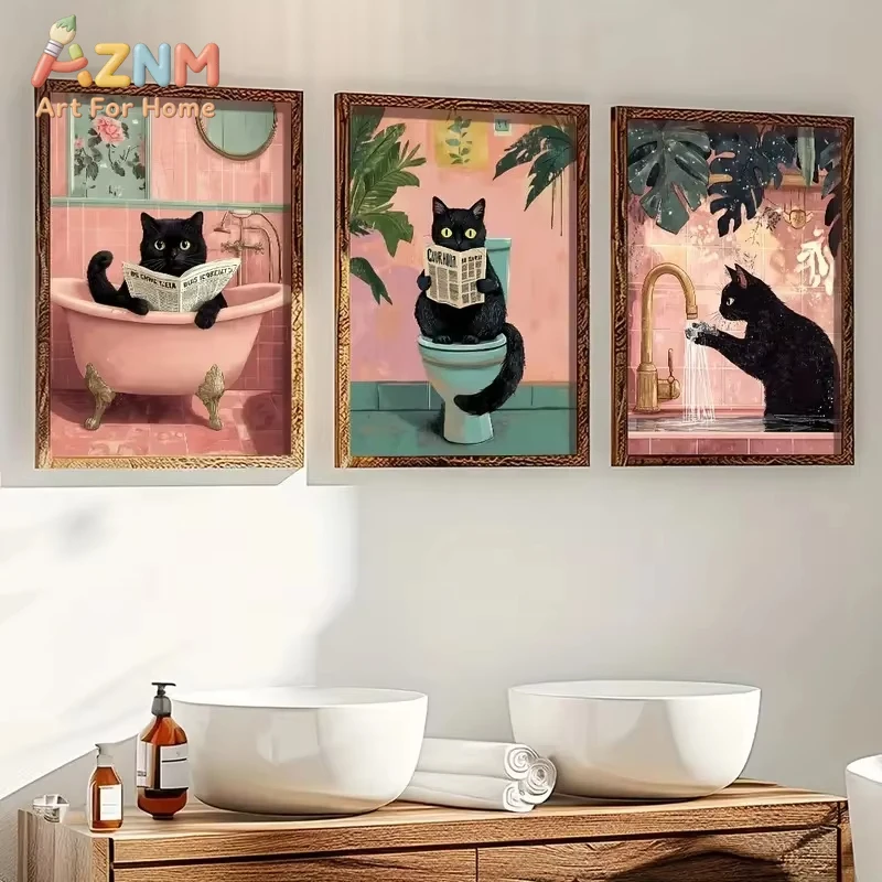 

1/3pcs Funny Black Cat Bathroom Bathroom Canvas Poster Vintage Animal Toilet Wall Art Print Modern Room Bathroom Home Decor