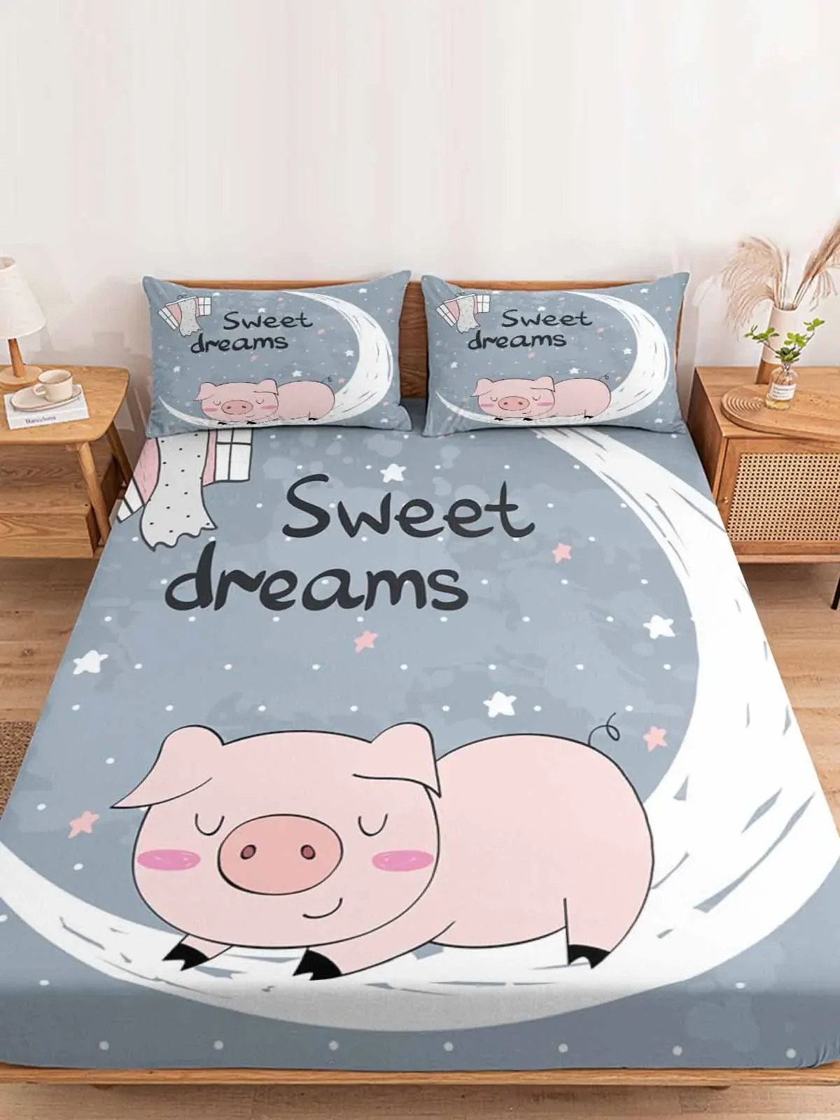 Pig Star Moon Cartoon Queen Size Bed Mattress Fitted sheet Elastic Rubber Band Non-slip Bed Sheet Pillowcase Set