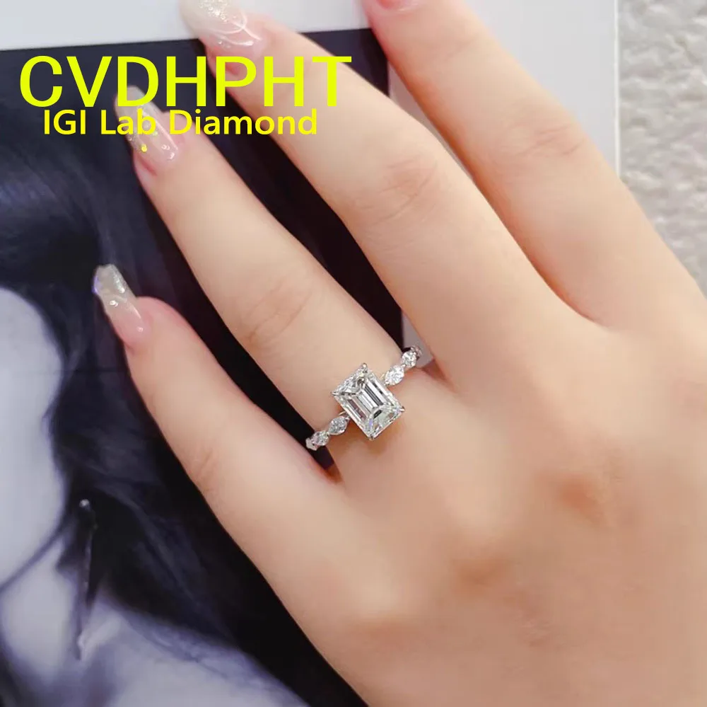

IGI Lab Growing Diamond Ring luxury Emerald shape D Color 1 2 3Ct Solid 9K White Gold Ring Diamond wedding ring Factory