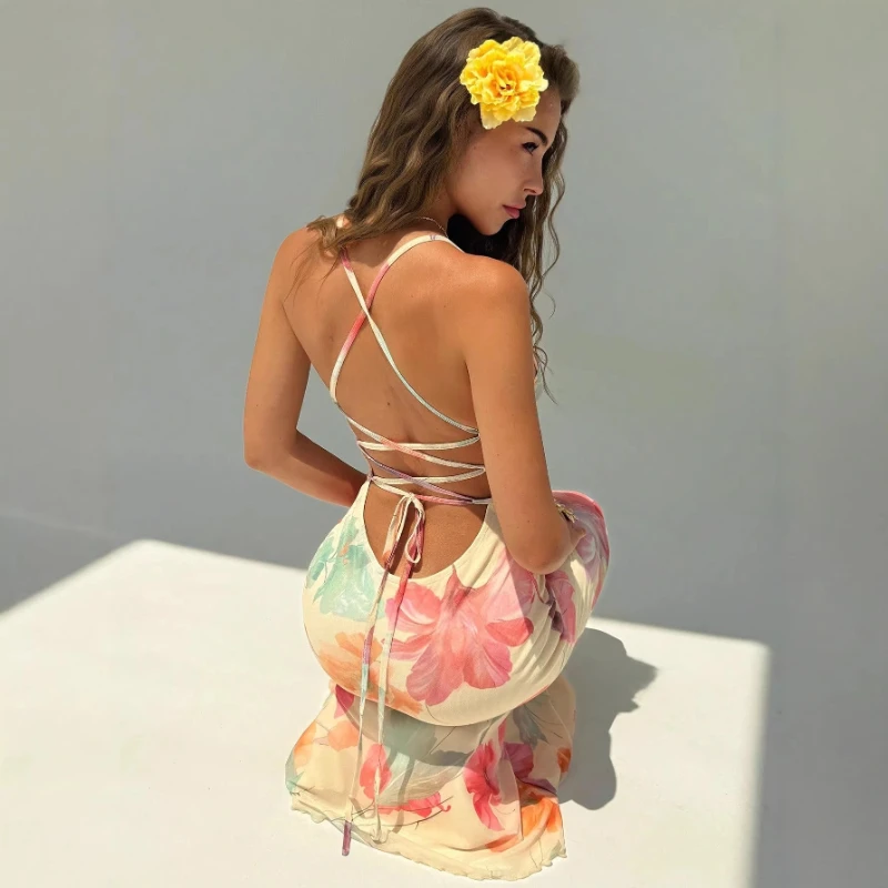 

2026 Summer Hot Selling Oil Painting Flower Printed Waist Strap Resort Style Long Dress for Women
