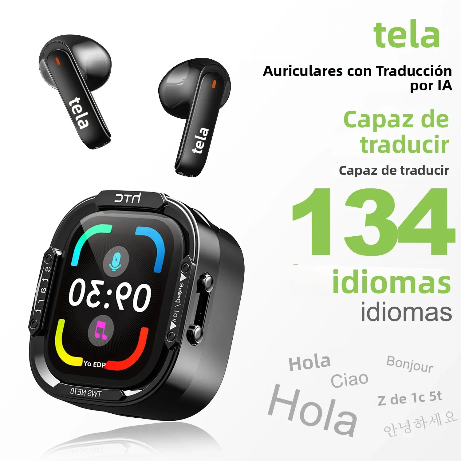 Audífonos Bluetooth V6.0 HTC NE70, Audífonos Inalámbricos con Pantalla Táctil Inteligente, Audífonos con Traductor IA, Audífonos para Juegos, Bajos HD