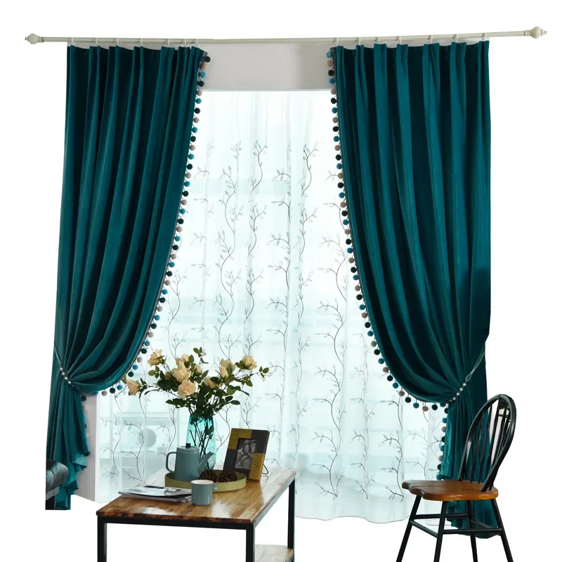 

American Modern Luxury High-end Curtain for Living Room Bedroom Blue Velvet Nordic Colorful Ball Lace Balcony Shading Curtain