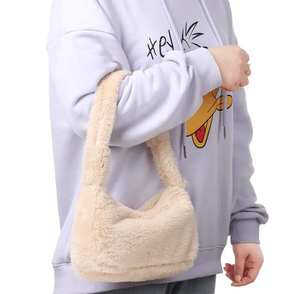 Fashion Women Mini Shoulder Bags Female Winter Plush Underarm Bags Solid Color Fluffy Tote Bags Small Purses