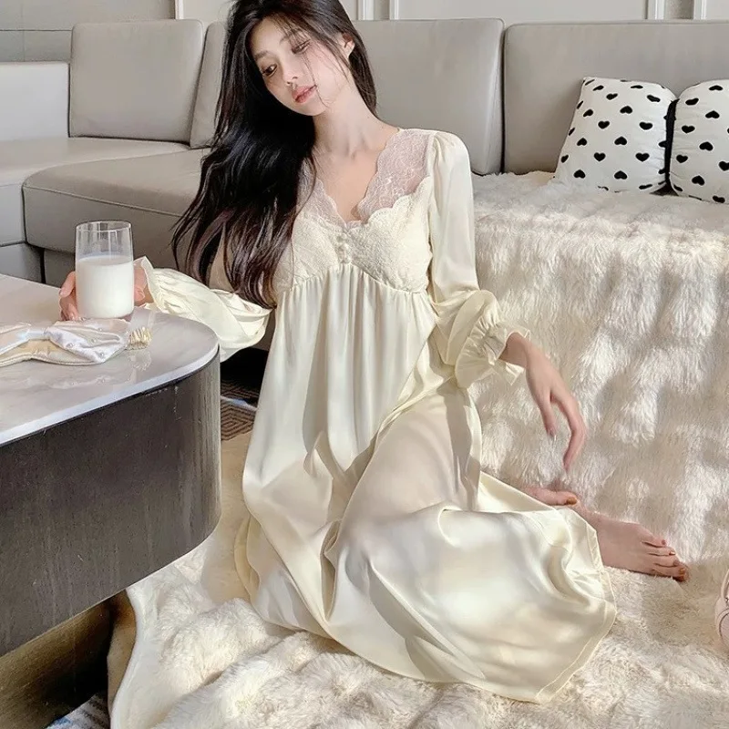 

Nightgown Sleepwear Women Korean Spring Autumn Pajamas Dress Ruffle Princess Long Sleeve Cute Night Sleeping Lace Home Wear New