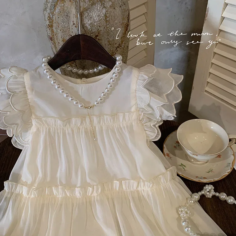 New Summer Baby Girl Dress Short Flare Sleeves Little Girl Solid Color Fashionable Casual Dresses Thin Style Child Clothes H9385