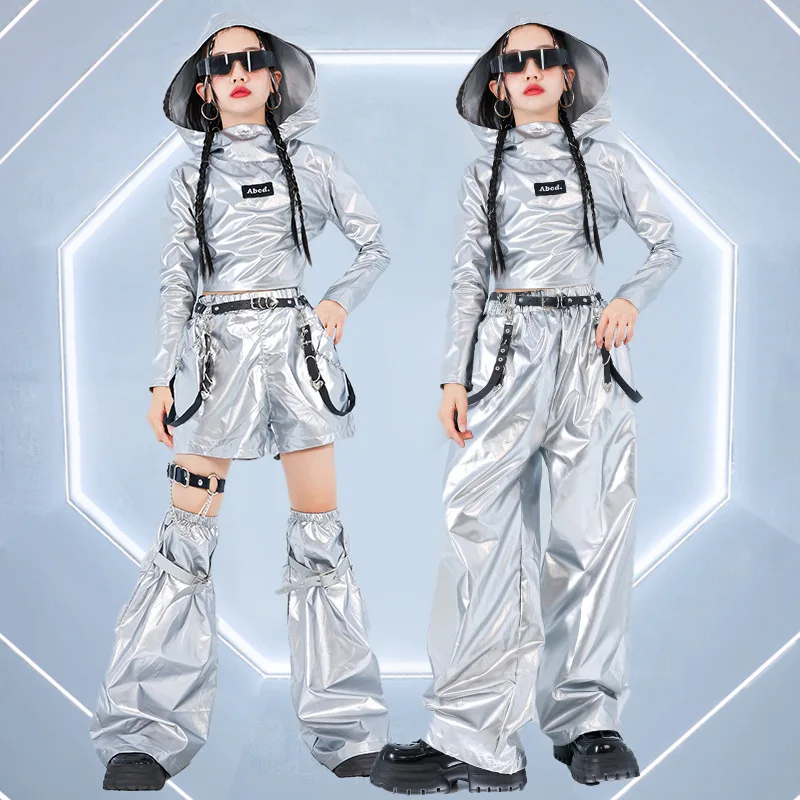 Girls K-pop Silver Crop Hoodies Shiny Cargo Pants Street Dance Shorts Kids Hip Hop Streetwear Children Jazz Hi Tech Clothes Sets
