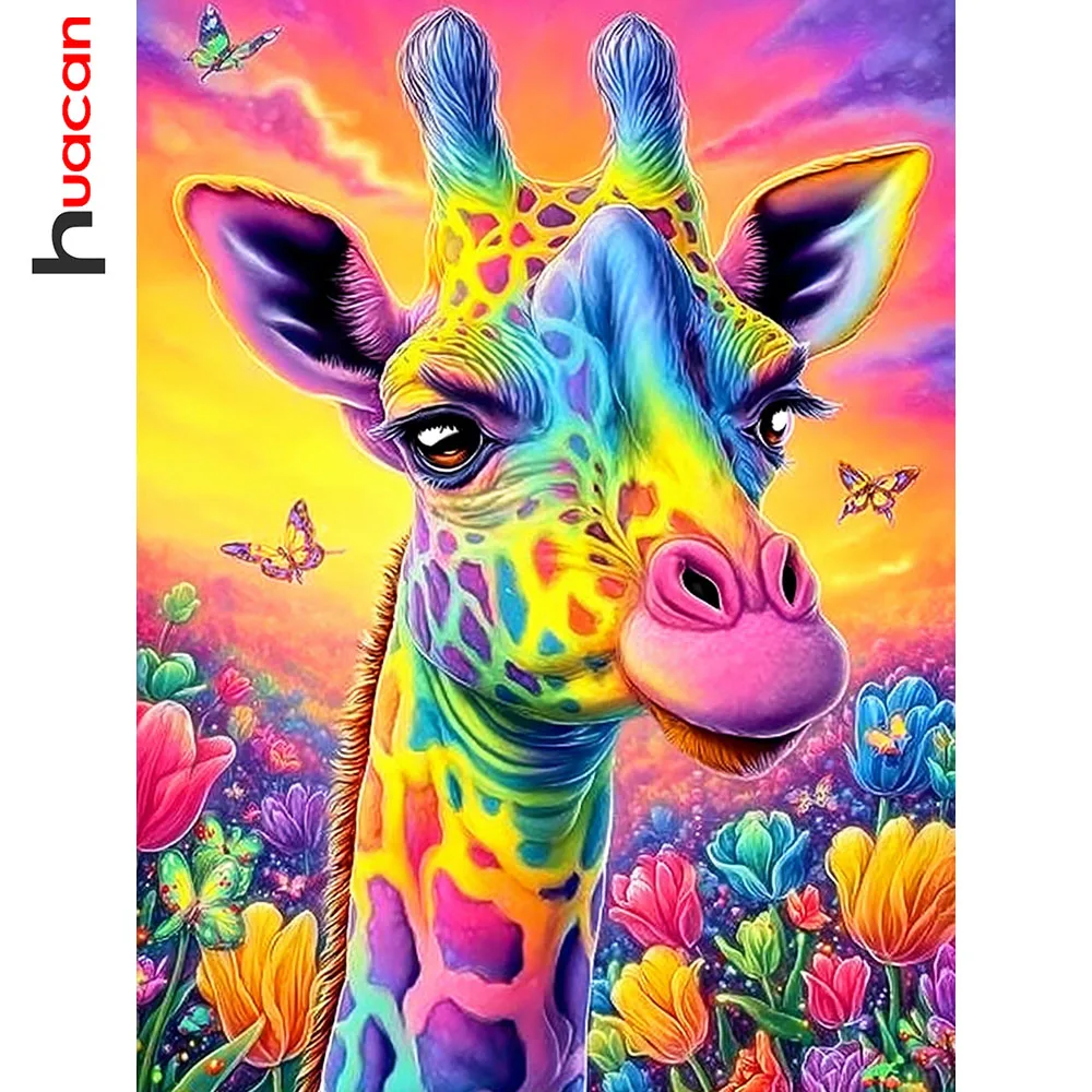 Huacan Vollständiges Diamant-Gemälde Giraffe bei Sonnenuntergang Diamant-Stickerei Tier- und Blumenmotiv Neu 2026 Handgefertigtes Geschenk