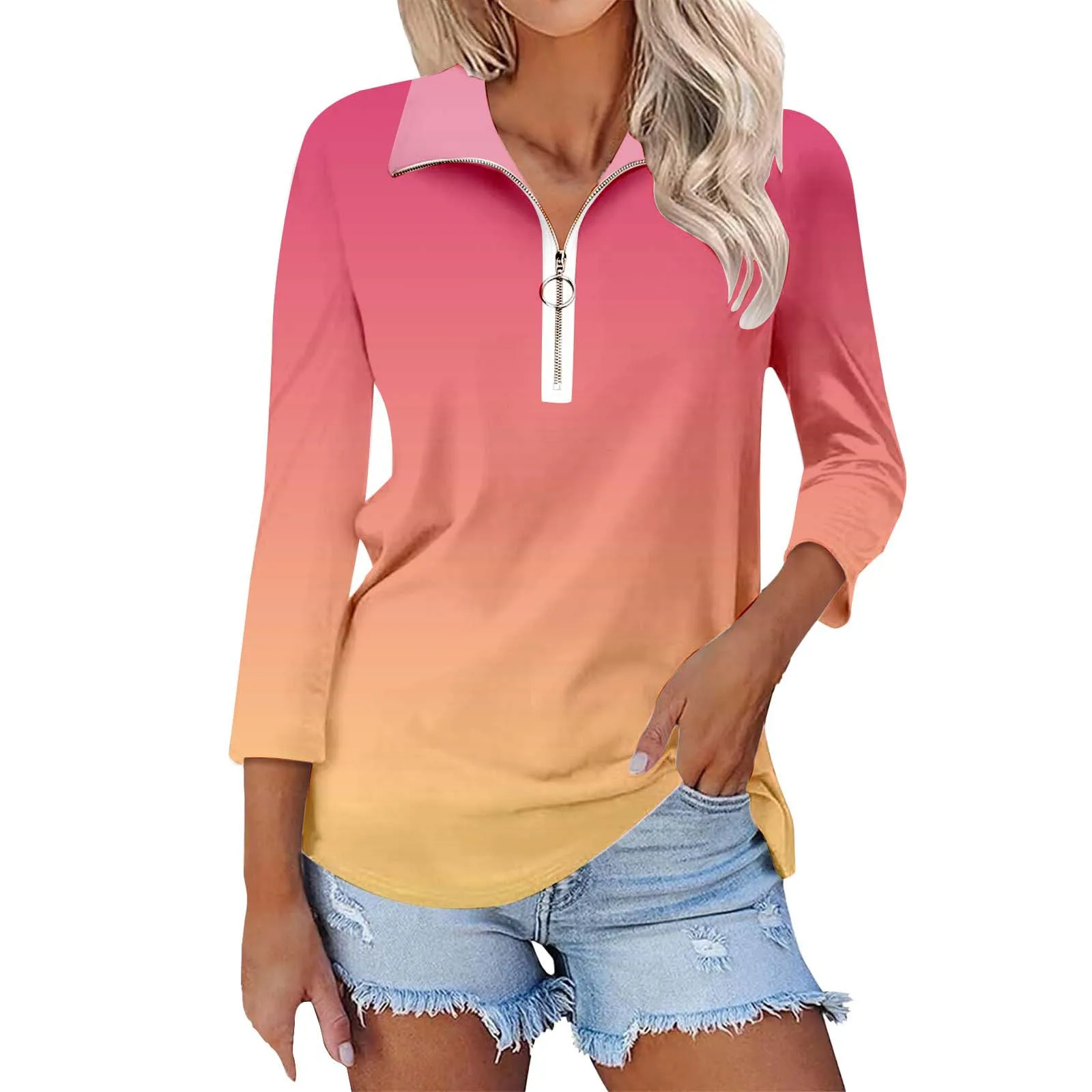 Blusa con estampado de Color degradado para mujer, Tops informales de manga larga con solapa y cremallera, camiseta de estilo básico que combina con todo para uso diario