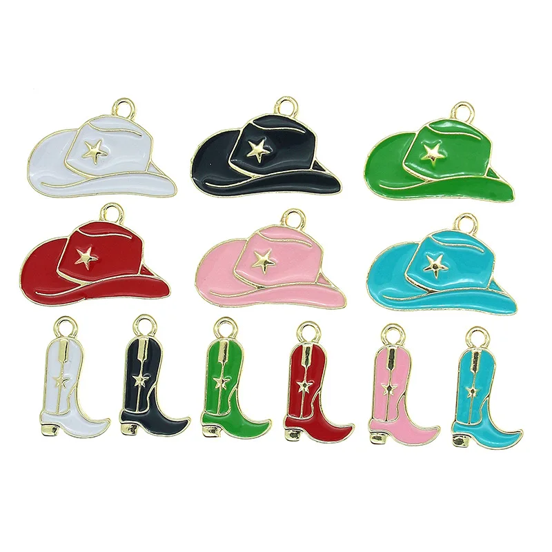 10pcs Cowboy Hat and Boots Alloy Charm Necklace Enamel Pendants for DIY Handmade Jewelry Accessory Crafts Wholesale