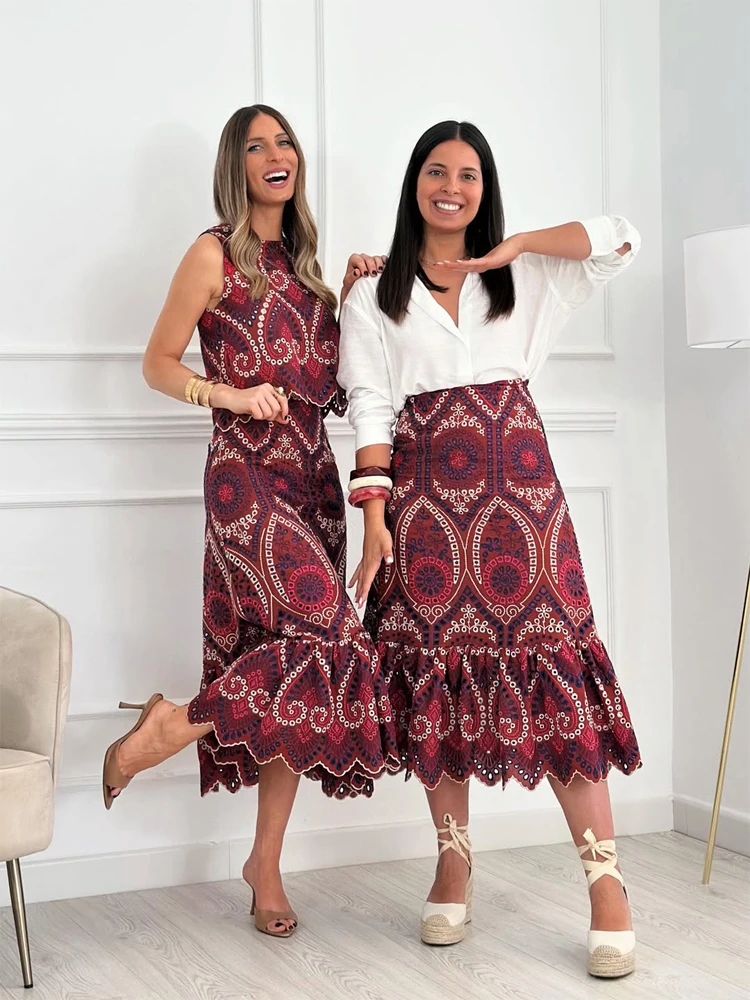 

Повседневный комплект: вышитый ажурный жилет и юбка с завышенной талией для женщин, шикарные укороченные жилеты без рукавов, комплекты для отпуска 2026