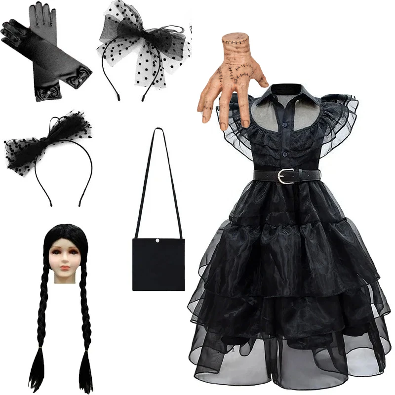 

Children Addams Dress Kids Prop hand Wednesday Dancing Fantasy Role Playing Cosplay Toddler Family Apparel Halloween Costume