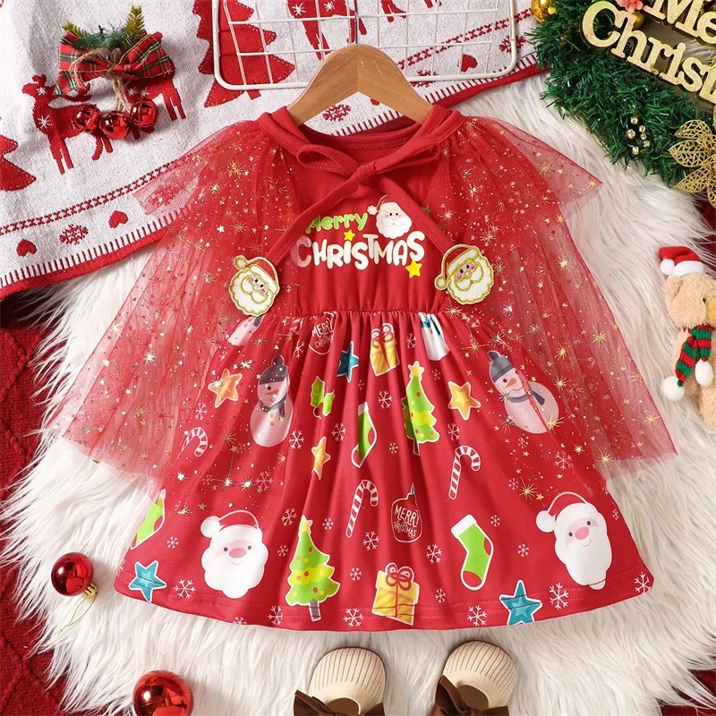 Little Girl Christmas Dress Cartoon Print Sleeveless Round Neck A-Line Dress with Tulle Cape Set