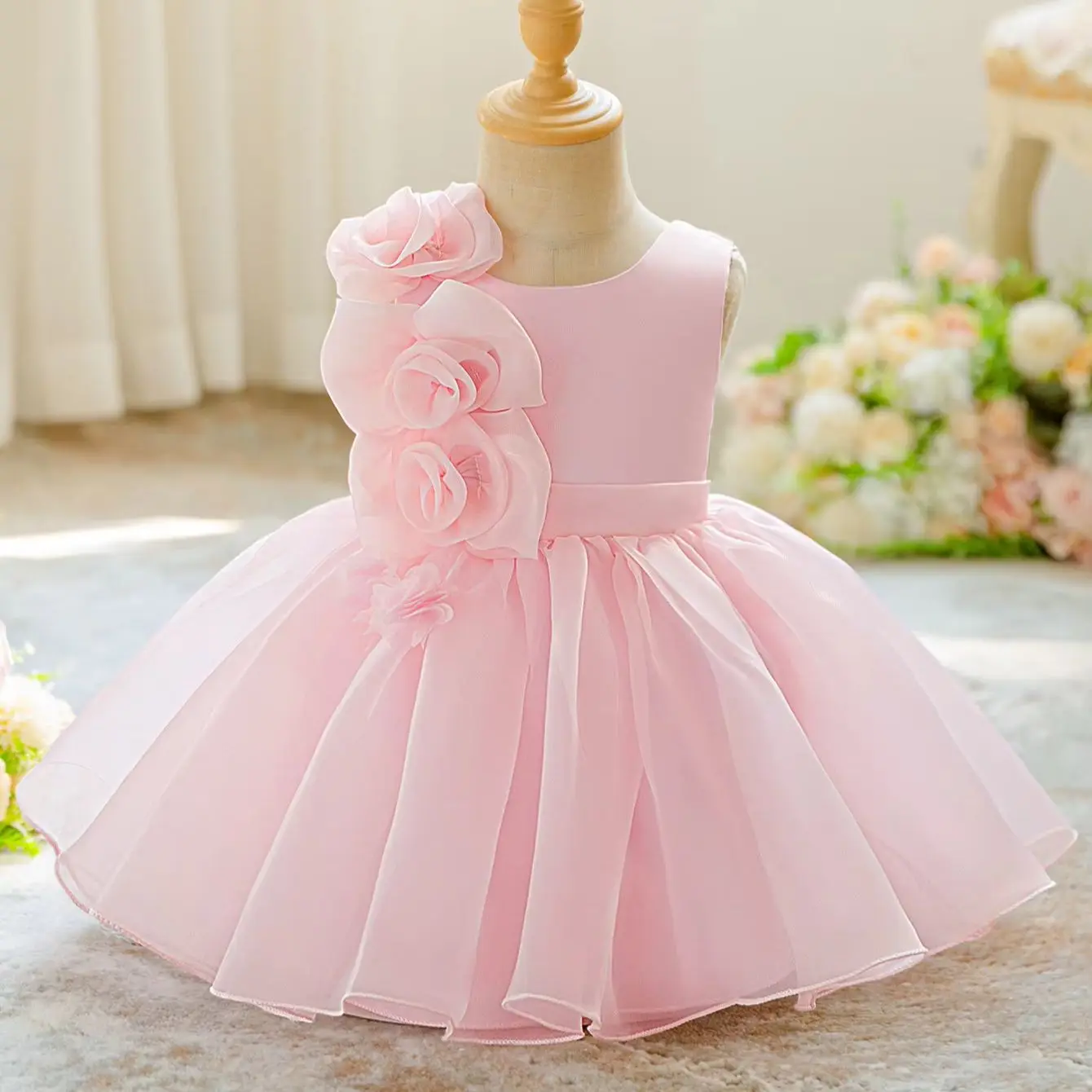 Girl's Pink Sweet Flower Dress Toddler Baptism Wedding Kids Clothes 1st Birthday Bridesmaids Prom Dresses Birthday Gifts Girls C