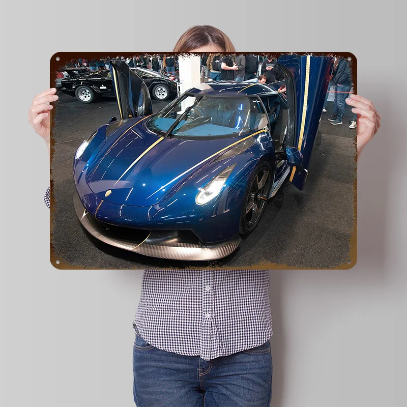 Blue Carbon Fiber Hypercar With Doors Poster Customized Vintage Metal Signs Wall Art Retro Tin Plaque for Home Decoration Gaming