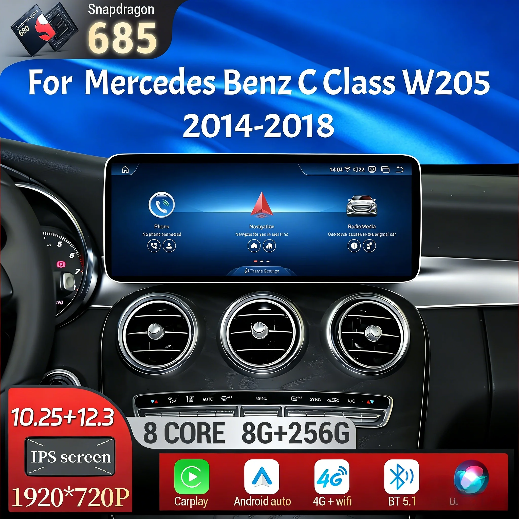 

Android 13 Car Radio Wireless Carplay For Mercedes Benz C Class W205 2014-2018 Snapdragon 685 Head Unit Touch Screen
