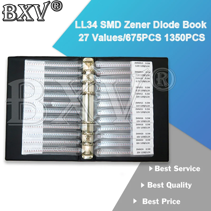 1/2W LL34 SMD Zener Diode Book 675PCS 1350PCS/Set 2.4V ~ 30V 27 Values Package Assorted Kit 0.5W Sample Book Commonly Sample Kit