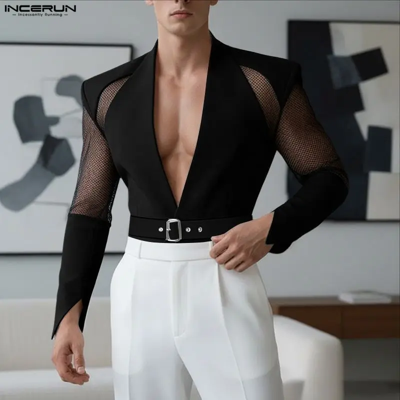 INCERUN Men Blazer Mesh Patchwork Deep V Neck Long Sleeve See Through Male Suit Streetwear 2026 Sexy Fashion Coats Men With Belt