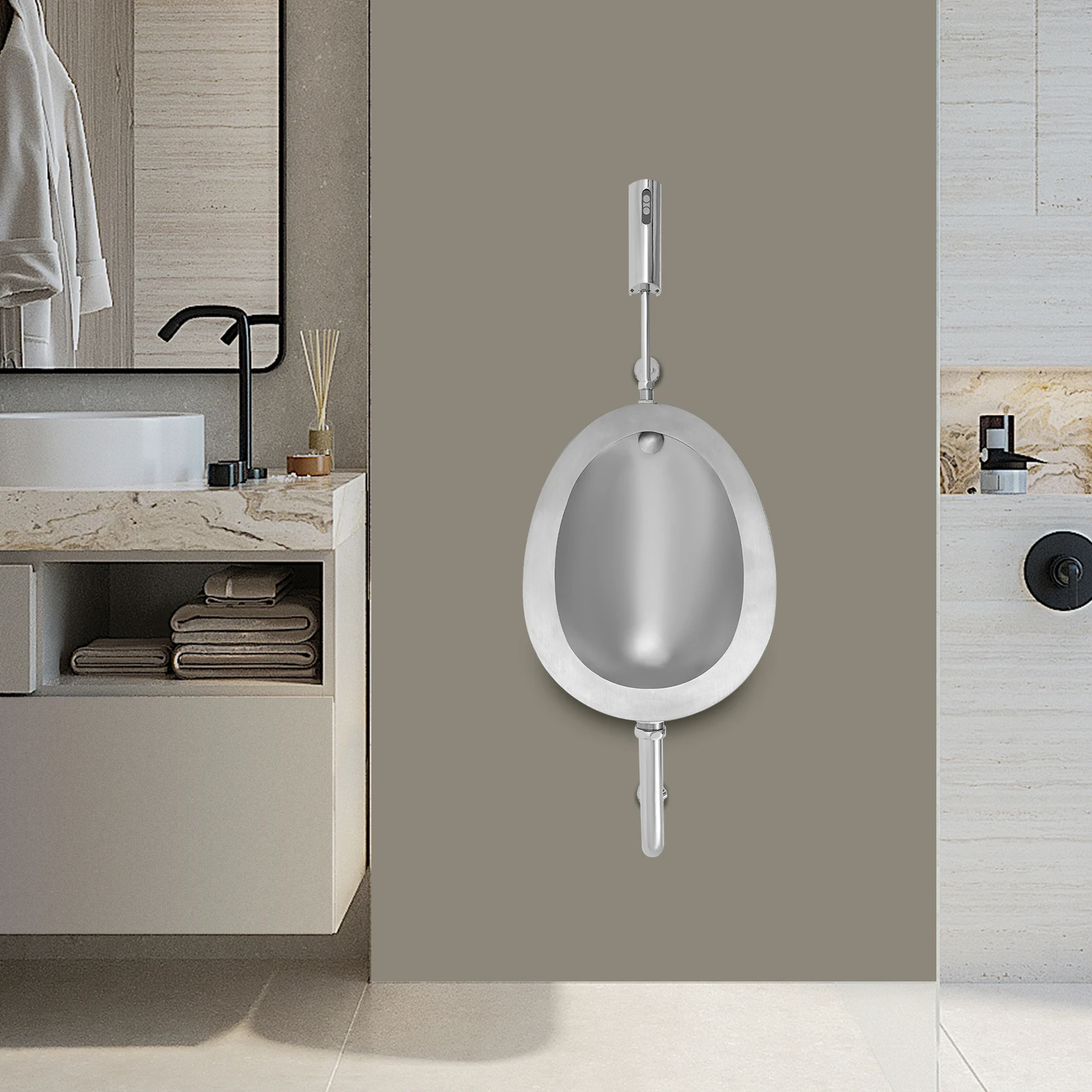 

Silver Oval Stainless Steel Urinal,Wall Mounted Intelligent Flushing Male Toilet 45*10cm for Toilets in Movie Theaters