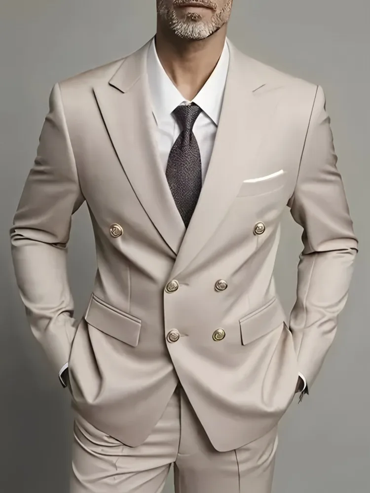 Fashion New Men's Leisure Boutique Business Banquet Solid Color Wedding Double Breasted Slim Fit Suit Blazers Jacket Pants - Image 5