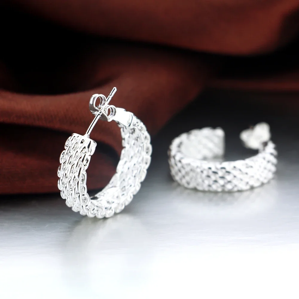 Retro 925 Sterling Silver Woven Mesh pendant necklace earrings bangle rings jewelry set for women fashion Hip-hop accessories view 5