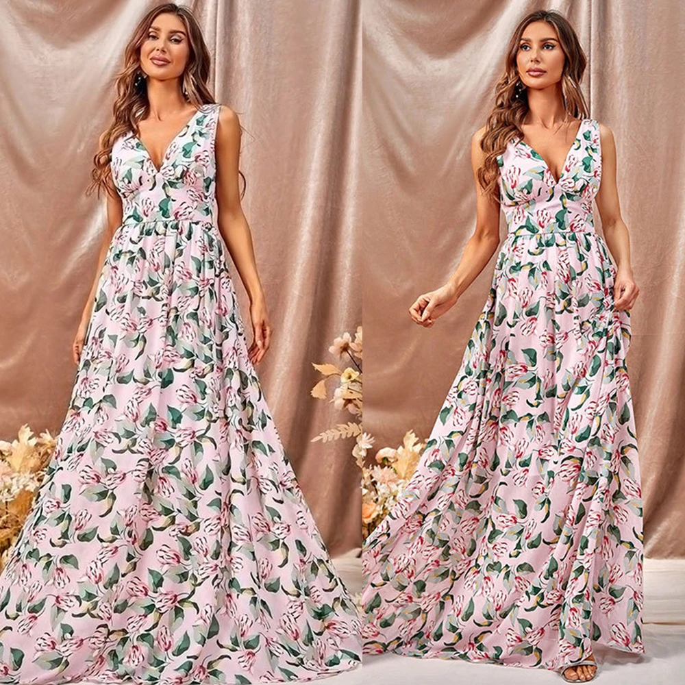 Elegant Beach Chiffon Floral Print Long Dress Women 2024 Summer V-Neck Sleeveless High Waist Party Maxi Evening Wedding Dresses