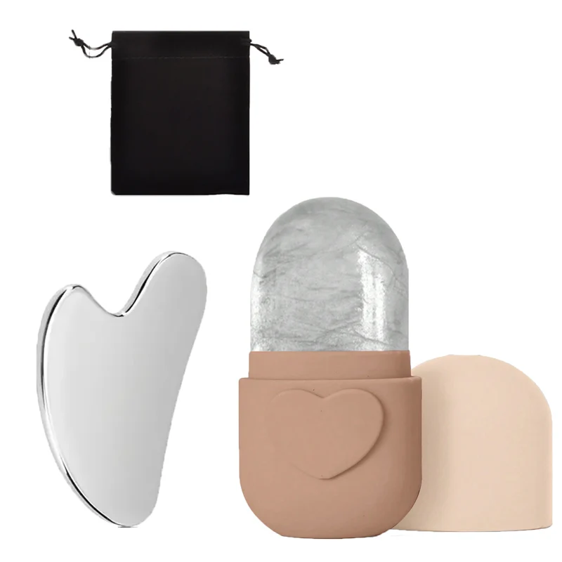 3 ชิ้น, ลูกกลิ้งนวดหน้าซิลิโคนและชุดเครื่องมือกัวซาสแตนเลส (พร้อมถุงเก็บ) เครื่องมือดูแลผิวหน้าแบบใช้ซ้ำได้