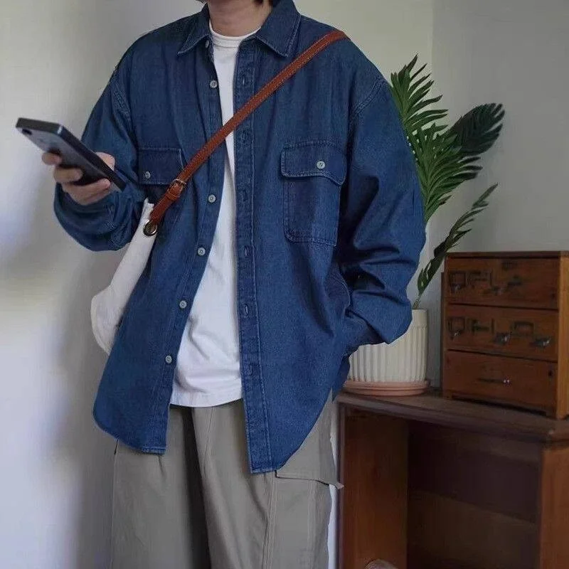 

Retro Japanese Style Loose Fit Long Sleeve Double Pocket Washed Denim Work Shirt Spring Autumn Unisex Classic Collar
