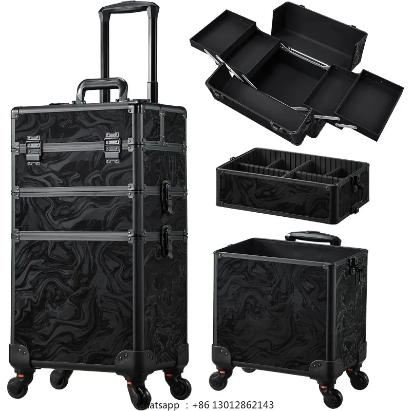 

Professional 3 in 1 Large Rolling Trolley Vanity Case Open Durable Cosmetics Train Storage Box Adjustable Divider