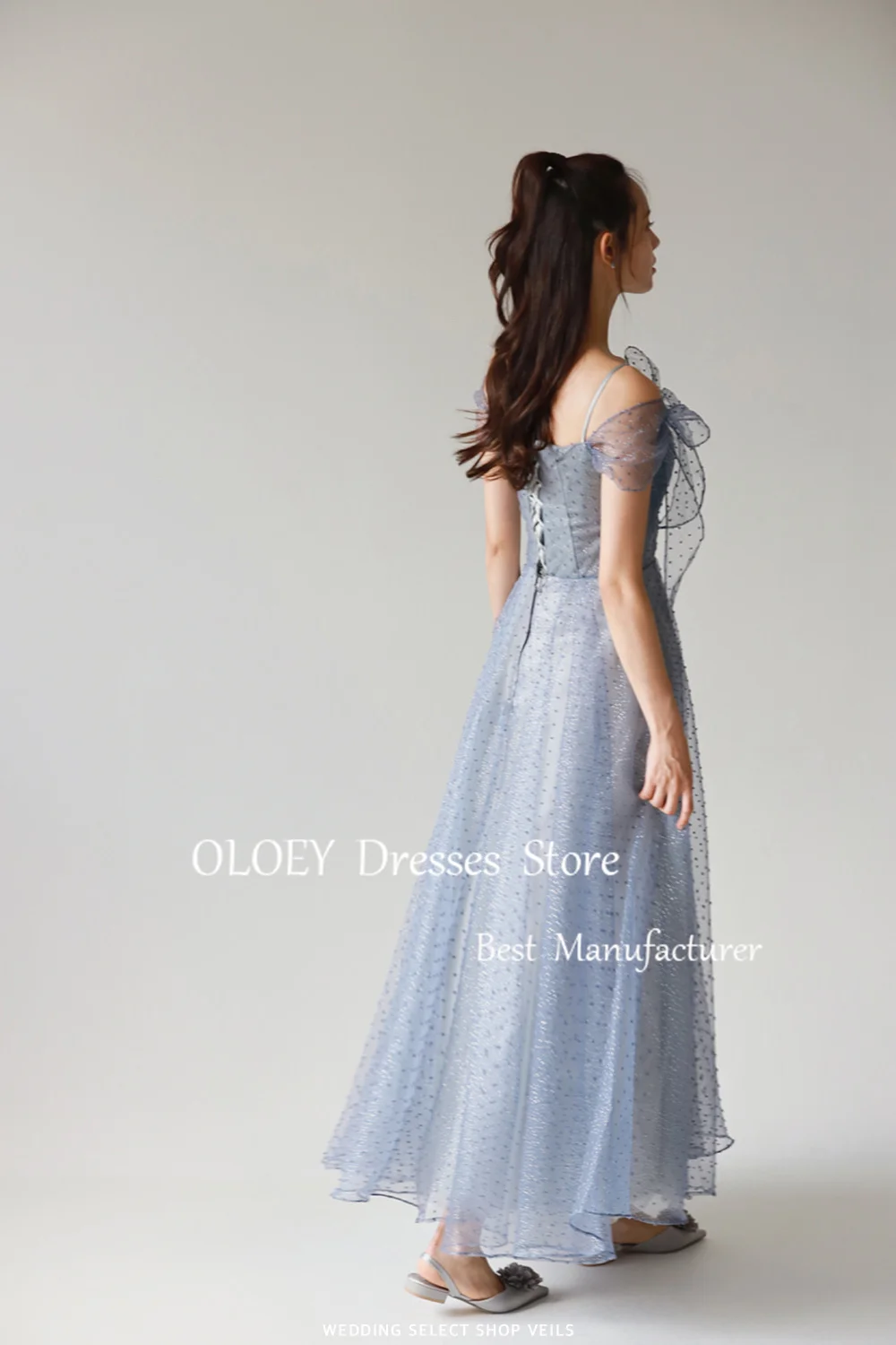 OLOEY Fairy Blue Glitter Long Prom Dress Korea Wedding Photoshoot Silky Organza Party Dress Corset Back Ankle Length Custom Made