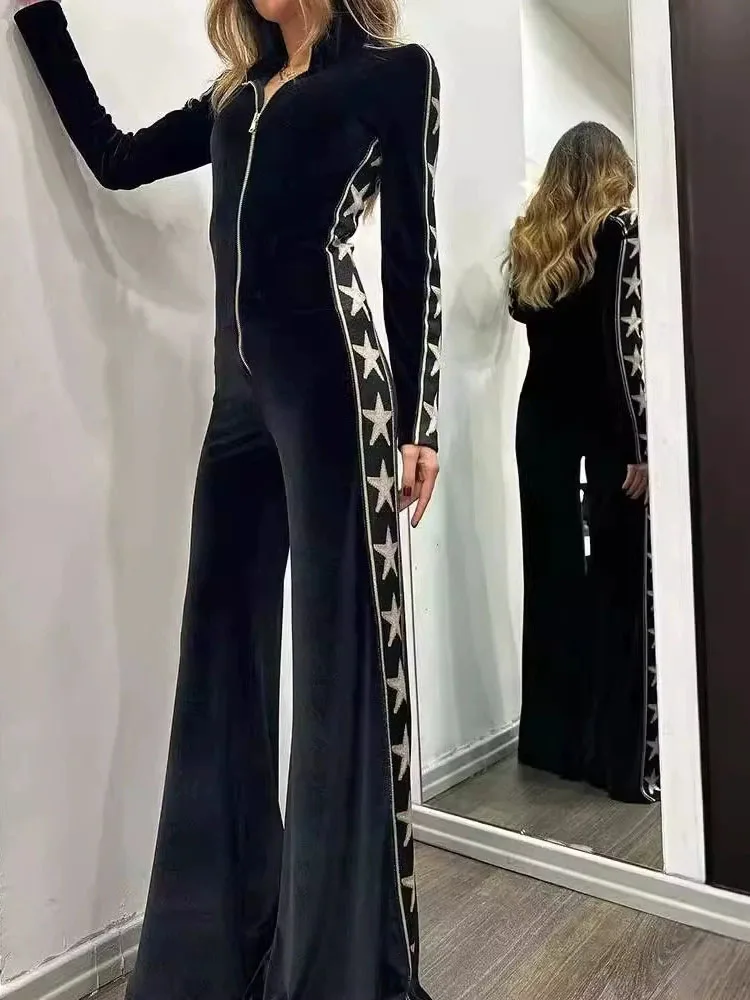 

Весенне-осенний комбинезон 2025 года, бархатный лоскутный комбинезон со звездами и длинными рукавами, на молнии и лацканами, широкий комбинезон