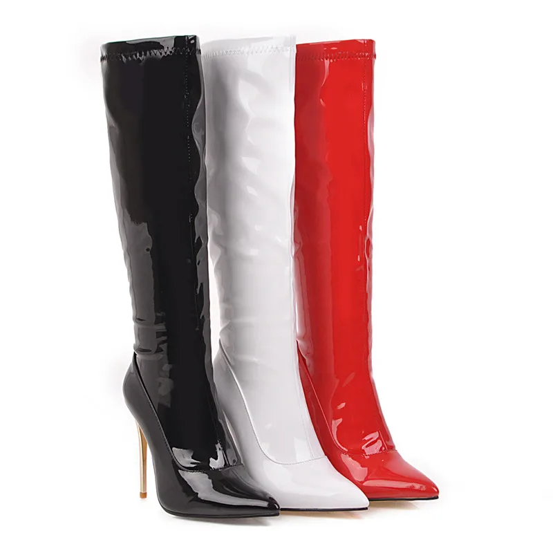 Women High Boots Sexy Zipper Black Red White Knee High Boot Thin Heels Patent Women\'s Autumn Winter Dance Shoes Large Size 45 48