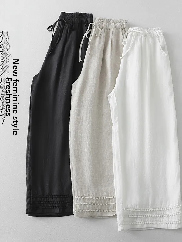 

High-End Casual Wide Leg Pants Linen Elastic Waist Rope Buckle Splicing Summer New Style Women's Casual Pants Loose Fit