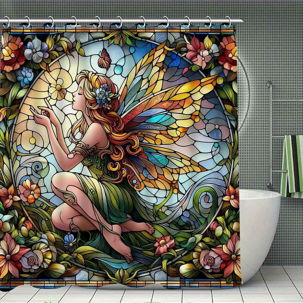 Enchanted Fairy Waterproof Shower Curtain for Bathroom Decor, Stained Glass Style, Vibrant Colors, Unique Art Design