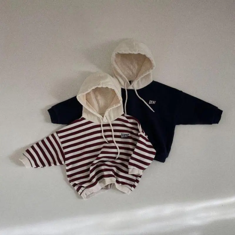 2024 Herbst neue Kinder Langarm Kapuze Sweatshirt Baby gestreiften Hoodie Jungen Mädchen Brief druck Sweatshirt Kinder kleidung