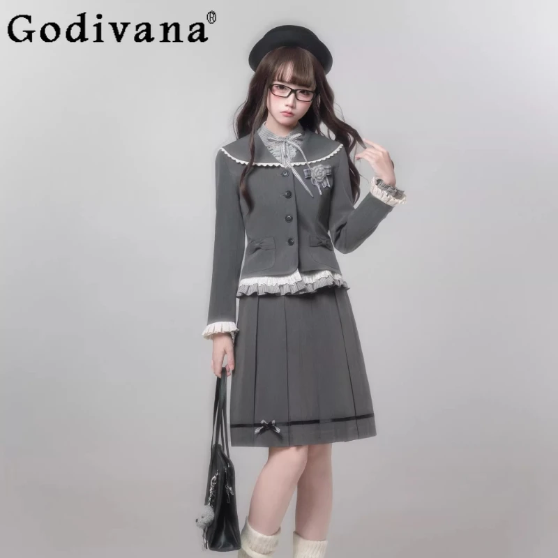 

Original Japanese College Style Y2K Outfit Spring 2026 Girls' Women's Slim Fit Casual Blazer Jacket Long Sleeve Shirt Skirt Set