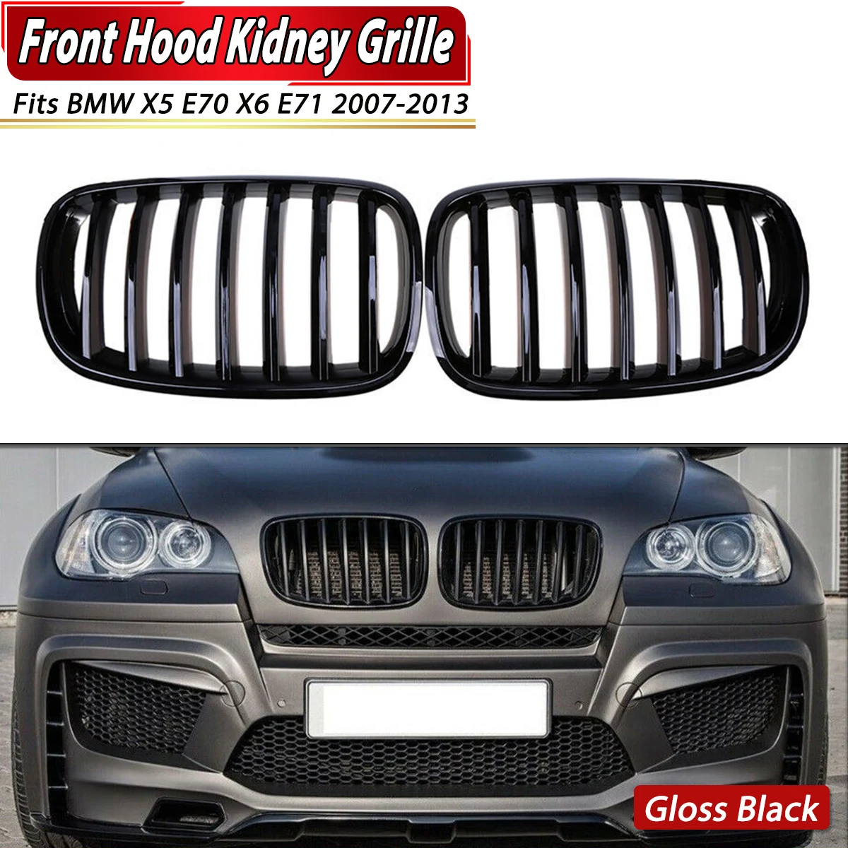 

Pair Front Hood Grill Kidney Grille For BMW X5 X6 E70 E71 2007-2013 Glossy Black Grille Assembly