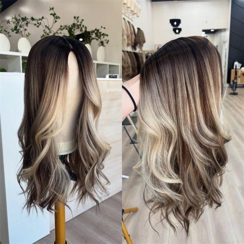 

Темно-коричневый со светлыми полосками Balayage Highlights Парик из смеси человеческих волос Синтетический парик с эффектом омбре на фронтальной части HD Парики на шнуровке 28 дюймов