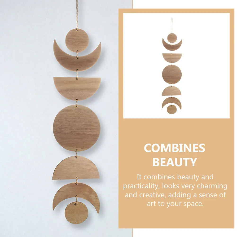 Wood Moon Phase Wall Hanging Vertical Garland Decorative Wall Art for Living Room Nursery Bedroom Apartment
