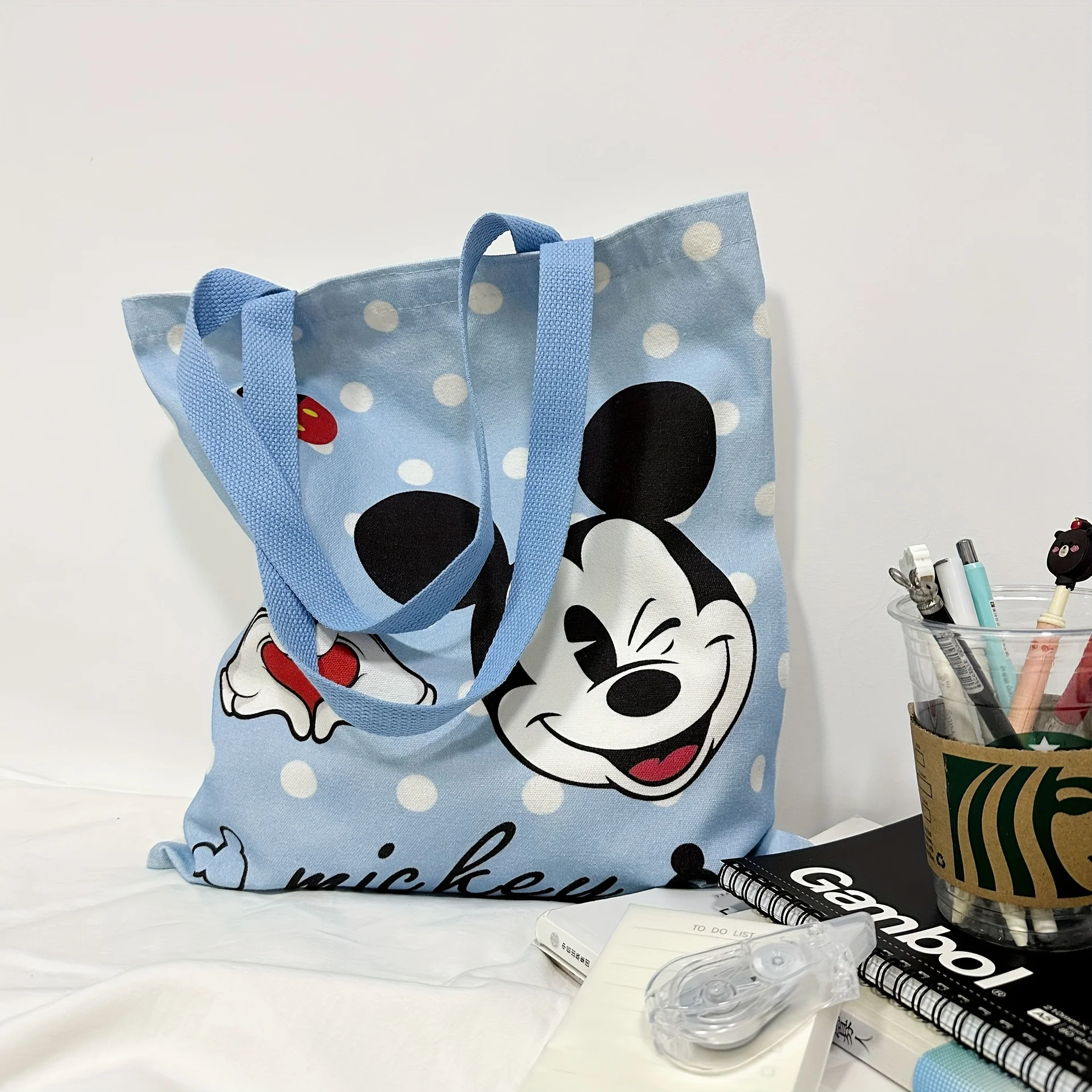 MINISO Disney Adorable Mickey Minnie Canvas Bag Multi Use Secure Drawstring Shoulder Tote for Shopping School Portable Bag