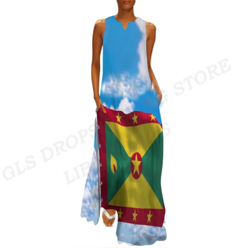 Grenada Flag Dress Women Fashion Party Evening Dresses Casual Long Robe Grenada Flag Vestidos Maxi Vocation Dress Beach Behemian