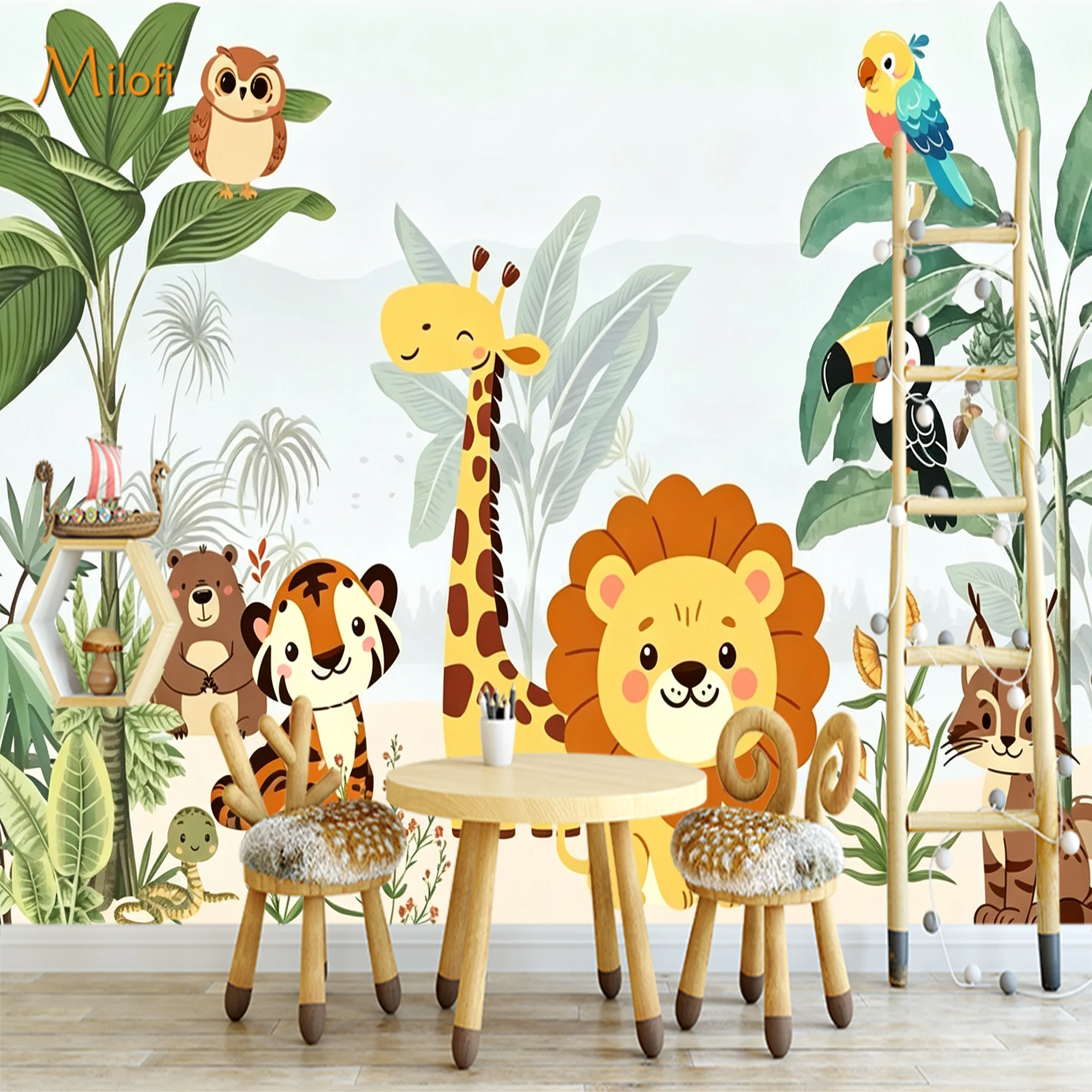Custom Mural Wallpaper Cartoon Jungle Safari Animals Wall Mural, Lion Giraffe Tiger Tropical Leaves Wall Decor for Kids Nursery