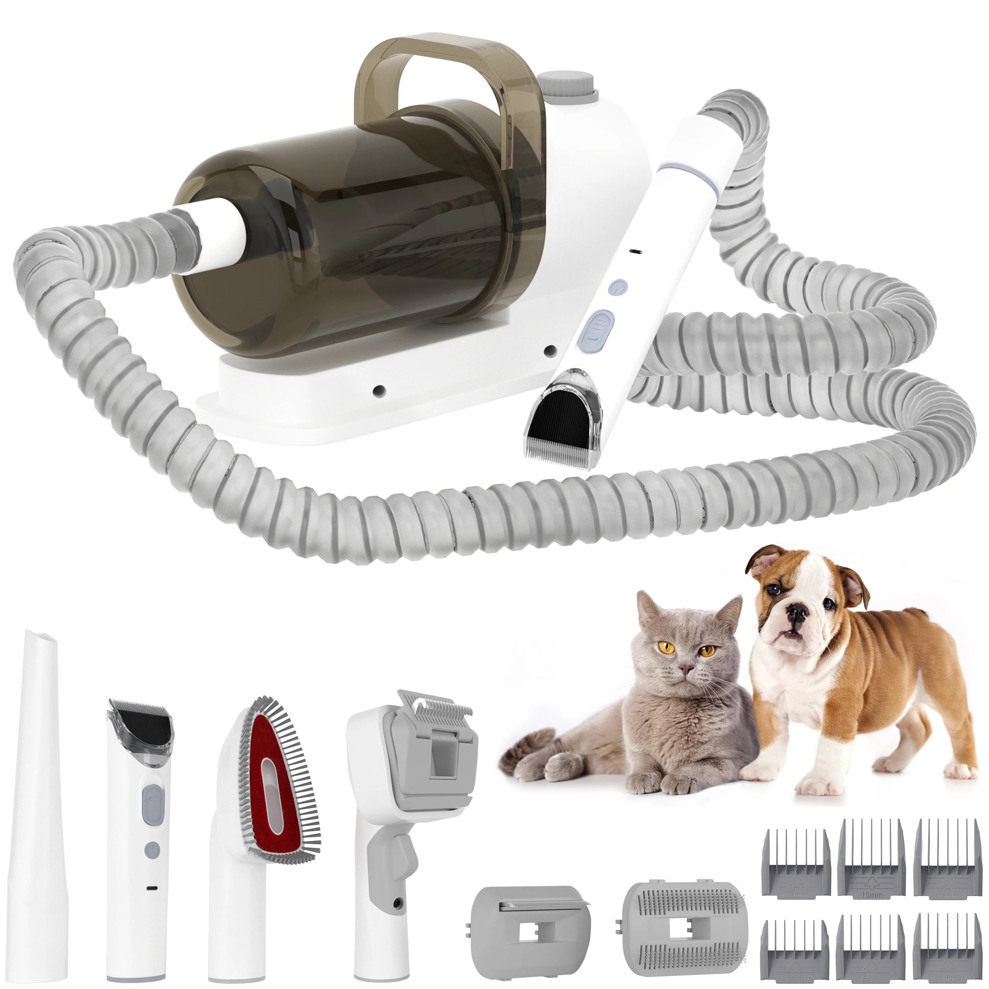 Kit Toelettatura Animali 5-in-1 con Aspirapolvere, Tosatrice Elettrica e Aspirazione per Peli di Cani e Gatti, Aspirapolvere con Contenitore Polvere da 1.5L e 6 Pettini Guida, Rimuovi Peli Animali Silenzioso