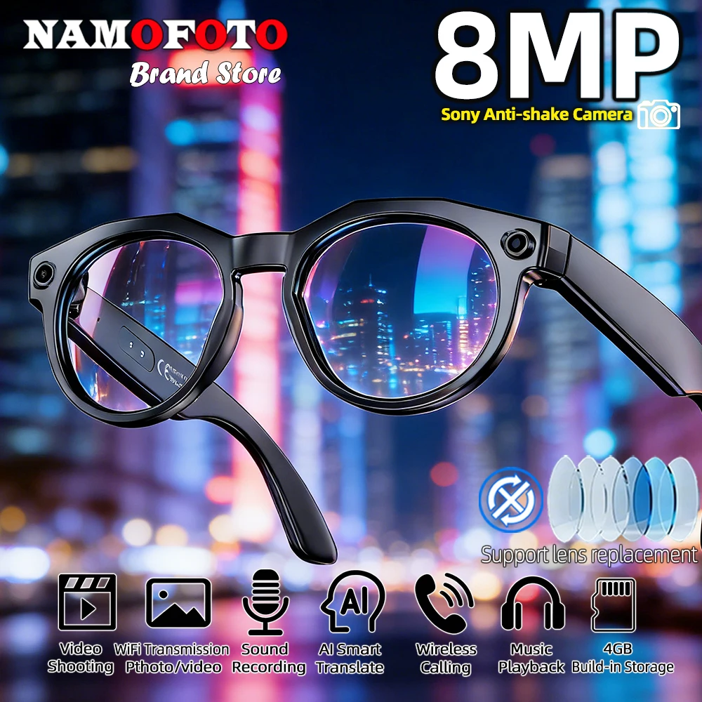 

2026 New AI Smart Glasses 8MP Camera 1080P Video Shooting Real-time Translation SI BT Call Music Play Voice Recording Sunglasses