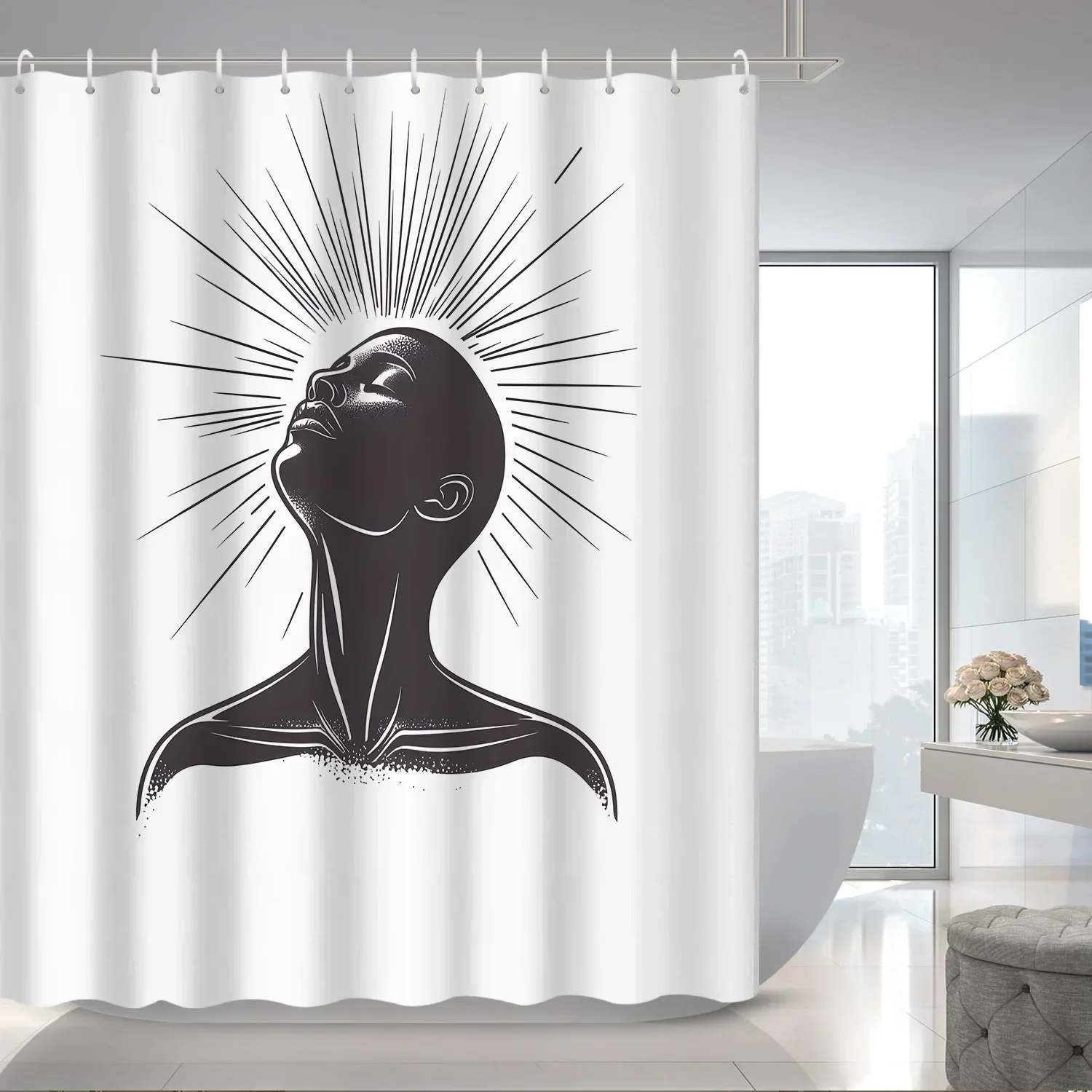 1pc Abstract Art Black and White Line Art Face Bathroom Shower Curtain with 12 Hooks, Bathroom Decorative Partition CurtainVVV