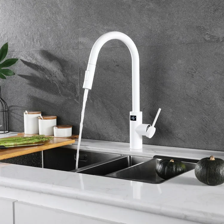 White Touch Digital Kitchen Faucet LED Screen Hot Cold Pull Out Kitchen Sink Mixer Tap Smart Sensitive Touch Kitchen Faucets