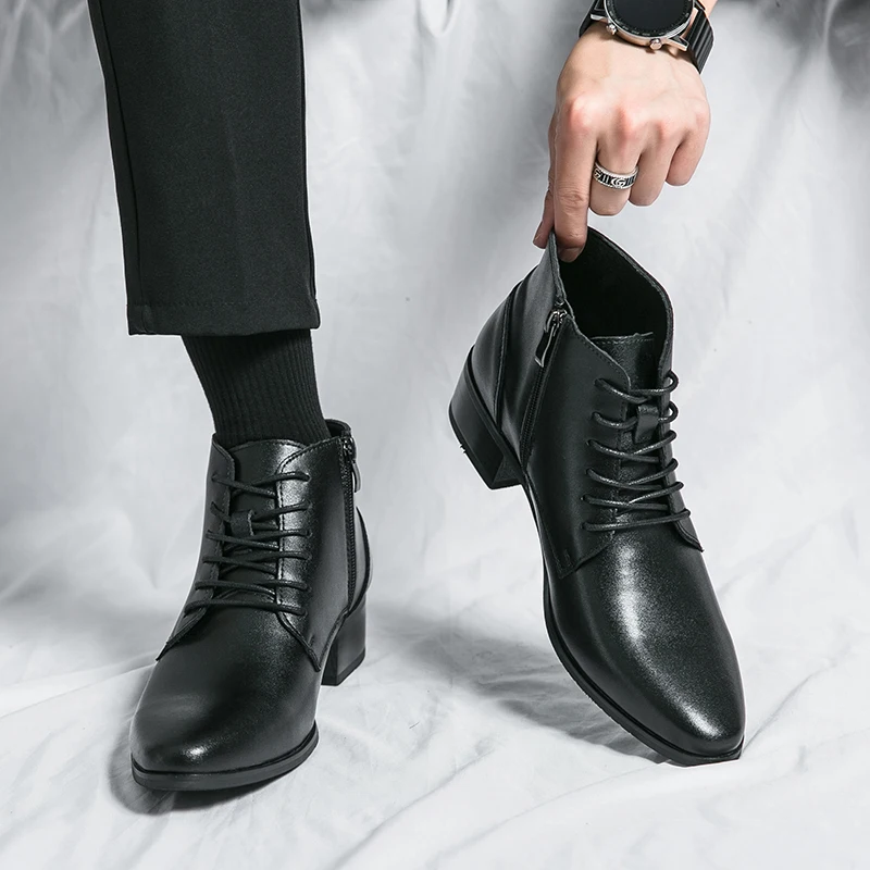 

Men Leather Ankle Boots Round Toe Lace-up Fashion Business Boots