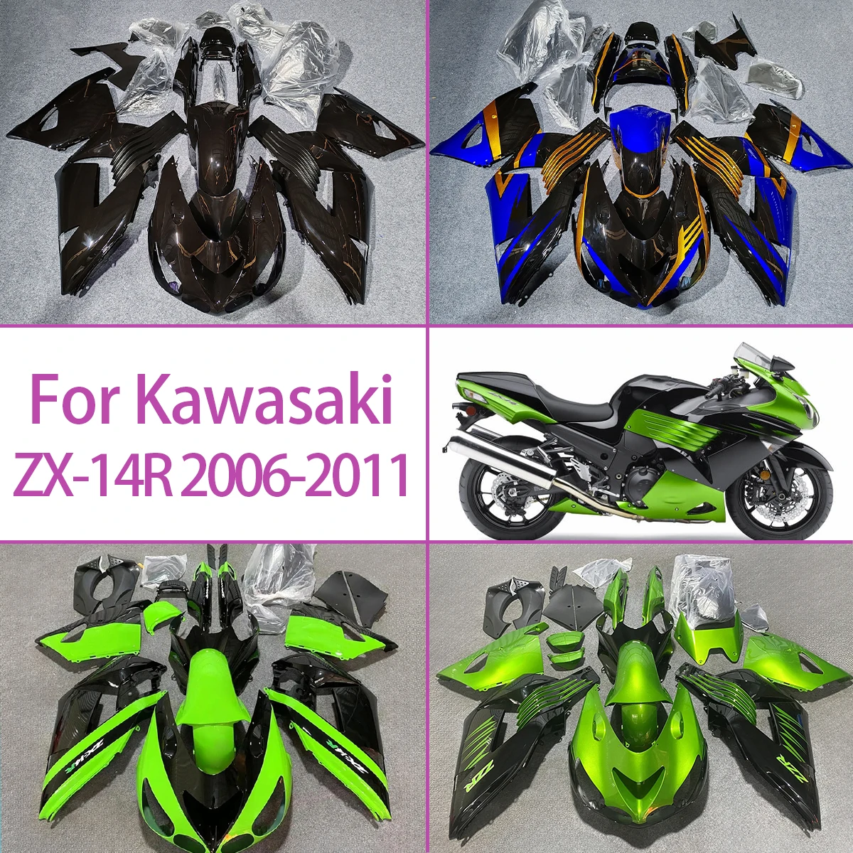 Fairings For 2006-2011 Kawasaki ZX-14R Plastic Injection Molded Fairing Kit Motorcycle Color Black Green 06-11 ZX 14R
